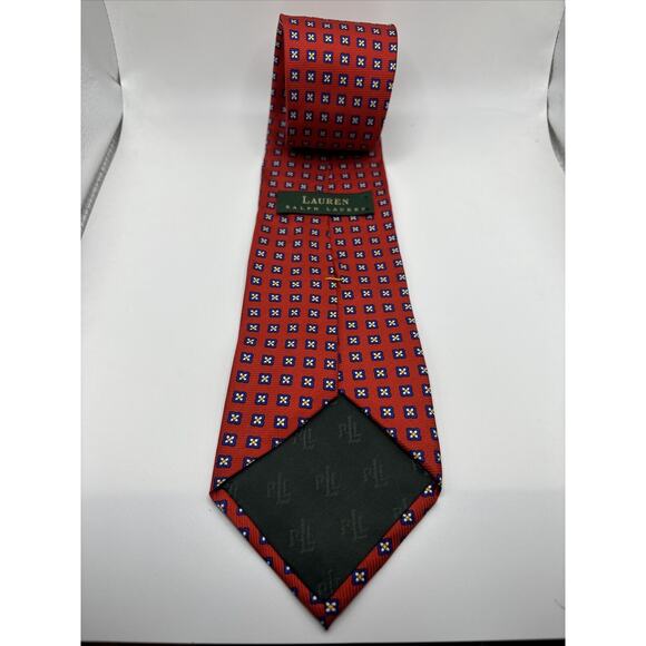 Ralph Lauren Silk Necktie Hand Made USA Red With Blue Dot Flowers Polo Tie 56” - Picture 3 of 7